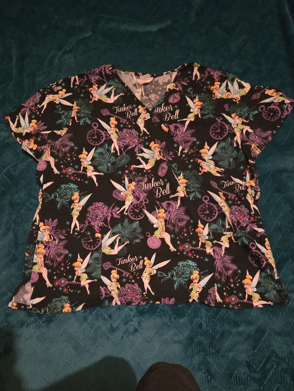 Disney Tinker Bell Black Floral Scrub Top with Pink & Teal Accents